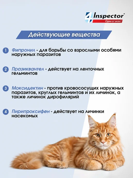 inspector Капли от клещей блох глистов для кошек Quadro до 4 кг, 4 кг, фото 3