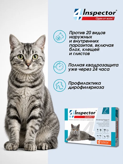 inspector Капли от клещей блох глистов для кошек Quadro до 4 кг, 48 кг, фото 2