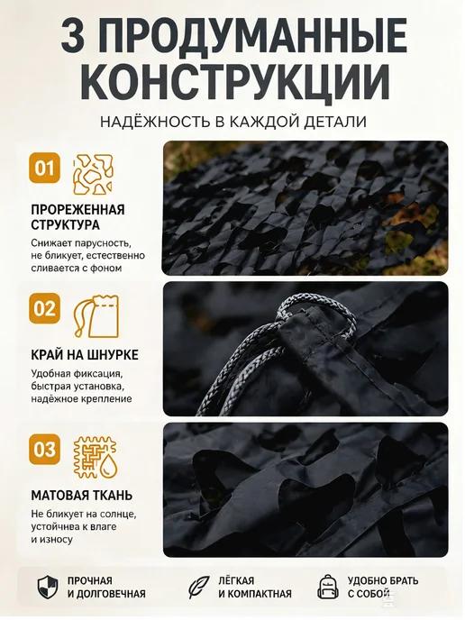 Маскировочная сетка черное 3 на 5 м, крепкая основа и шнуры, 5 м, фото 3