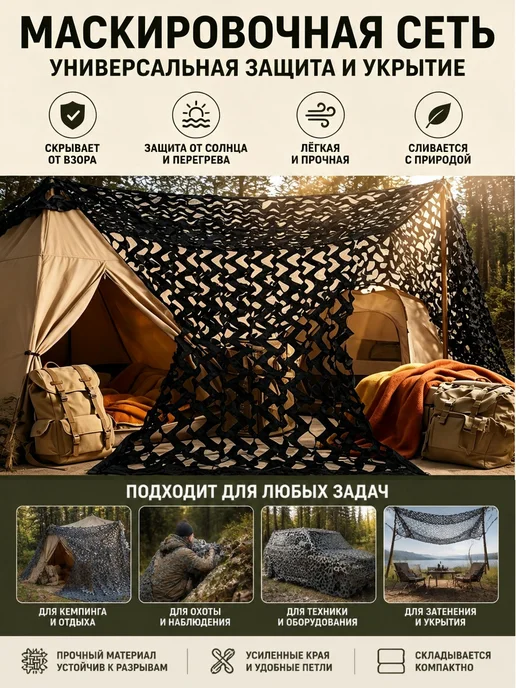 Маскировочная сетка черное 3 на 5 м, крепкая основа и шнуры, 5 м, фото 6