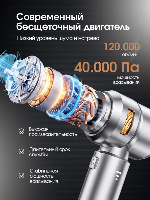 Пылесос для автомобиля беспроводной мощный, серый, фото 2