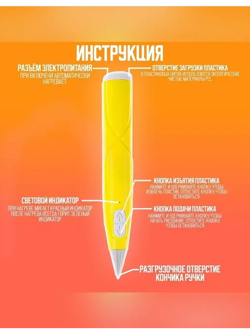 Нет бренда Яркая 3D ручка с блоком питания и PCL пластиком, желтый, фото 2