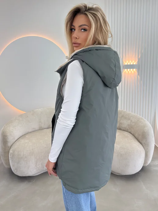 Марила Fashion Жилет демисезонный двусторонний большой размер, зеленый, фото 3