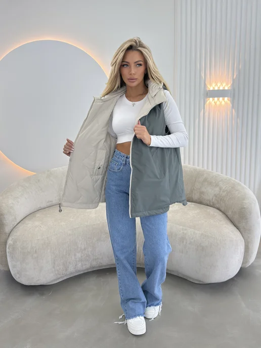 Марила Fashion Жилет демисезонный двусторонний большой размер, зеленый, фото 5