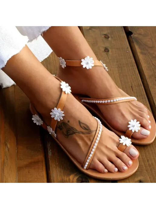 BeckyWalk Женские босоножки на плоской подошве, белый, фото 4
