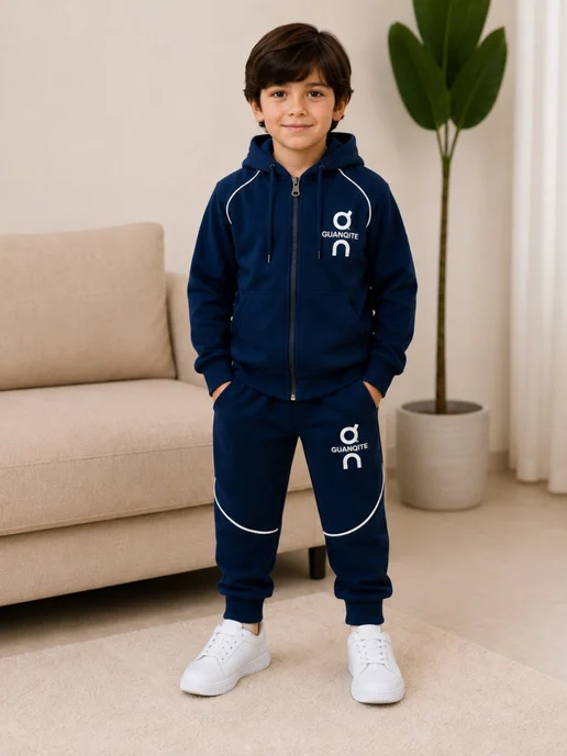 Спортивный костюм детский с капюшоном, двухнитка, 6–9 лет, синий, фото 5