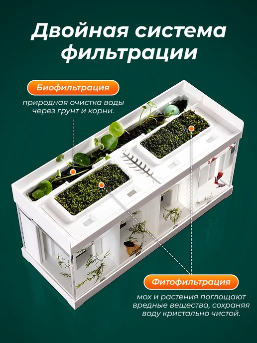 Аквариум для рыбок петушков с фильтром и подсветкой, белый, фото 4