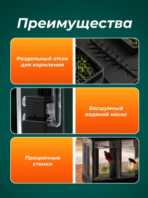 Аквариум для рыбок петушков с фильтром и подсветкой, черный, фото 3