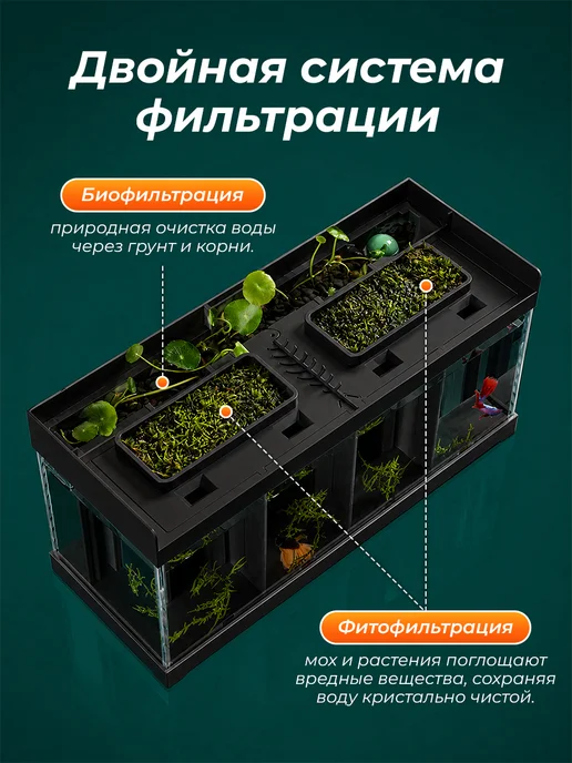Аквариум для рыбок петушков с фильтром и подсветкой, черный, фото 4
