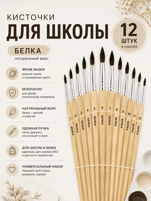 Нурайым11 Кисточки для рисования белка 12 шт для школы 1–6 класс, 12 шт, фото 2
