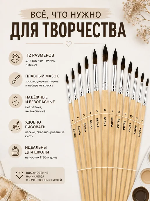 Нурайым11 Кисточки для рисования белка 12 шт для школы 1–6 класс, 12 шт, фото 3