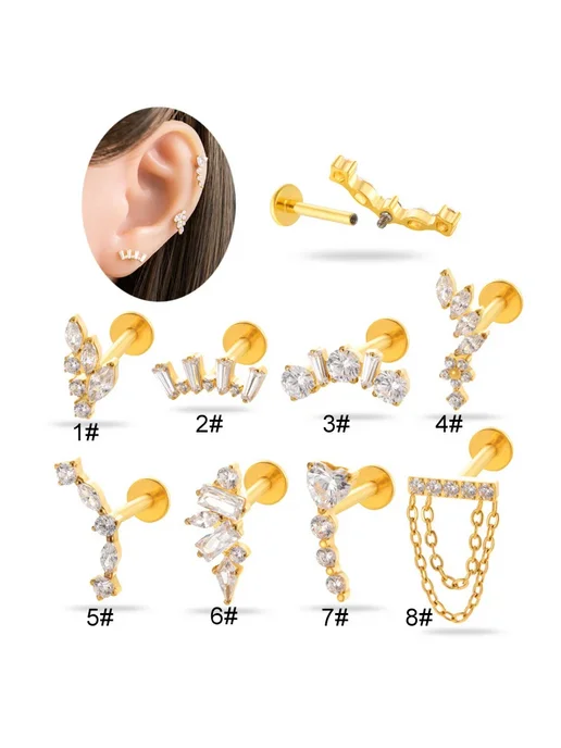 Нет бренда Титановые серьги-гвоздики CZ NO 8 Silver 16G 1.2x8mm, 16 г, фото 2