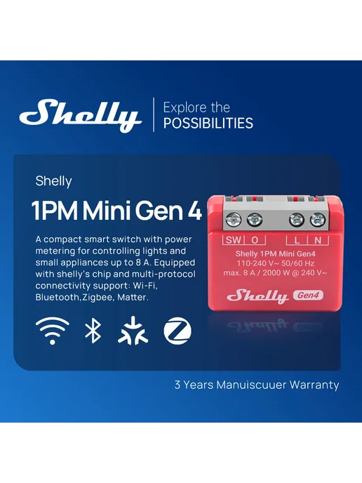 Shelly 1 Gen4 Zigbee Wi-Fi Smart Switch, 1 Pcs, 1 шт, фото 2
