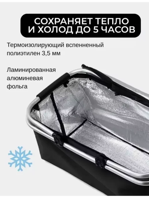 РАСПРОДАЖА Сумка-термос складная термоизоляционная Корзинка для пикника, черный, фото 2