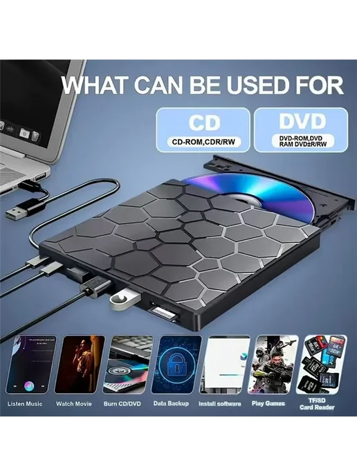 FGHGF AA08-USB 3.0 Внешний проигрыватель компакт-дисков DVD 8 в 1, вариант, фото 2