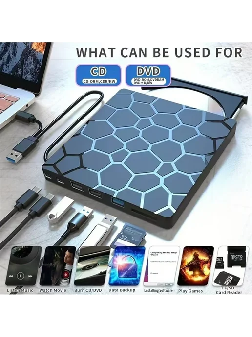 FGHGF AA08-USB 3.0 Внешний проигрыватель компакт-дисков DVD 8 в 1, вариант, фото 5