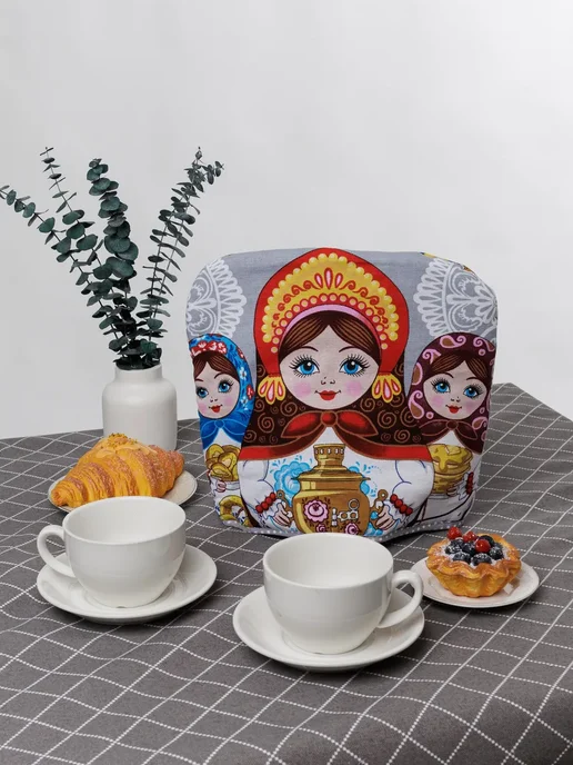 Грелка на чайник из рогожки колпак для посуды, серый, фото 2